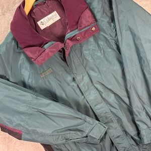Columbia Mens Tall L Vintage Nylon Jacket Teal Black Maroon Colorblock 90s